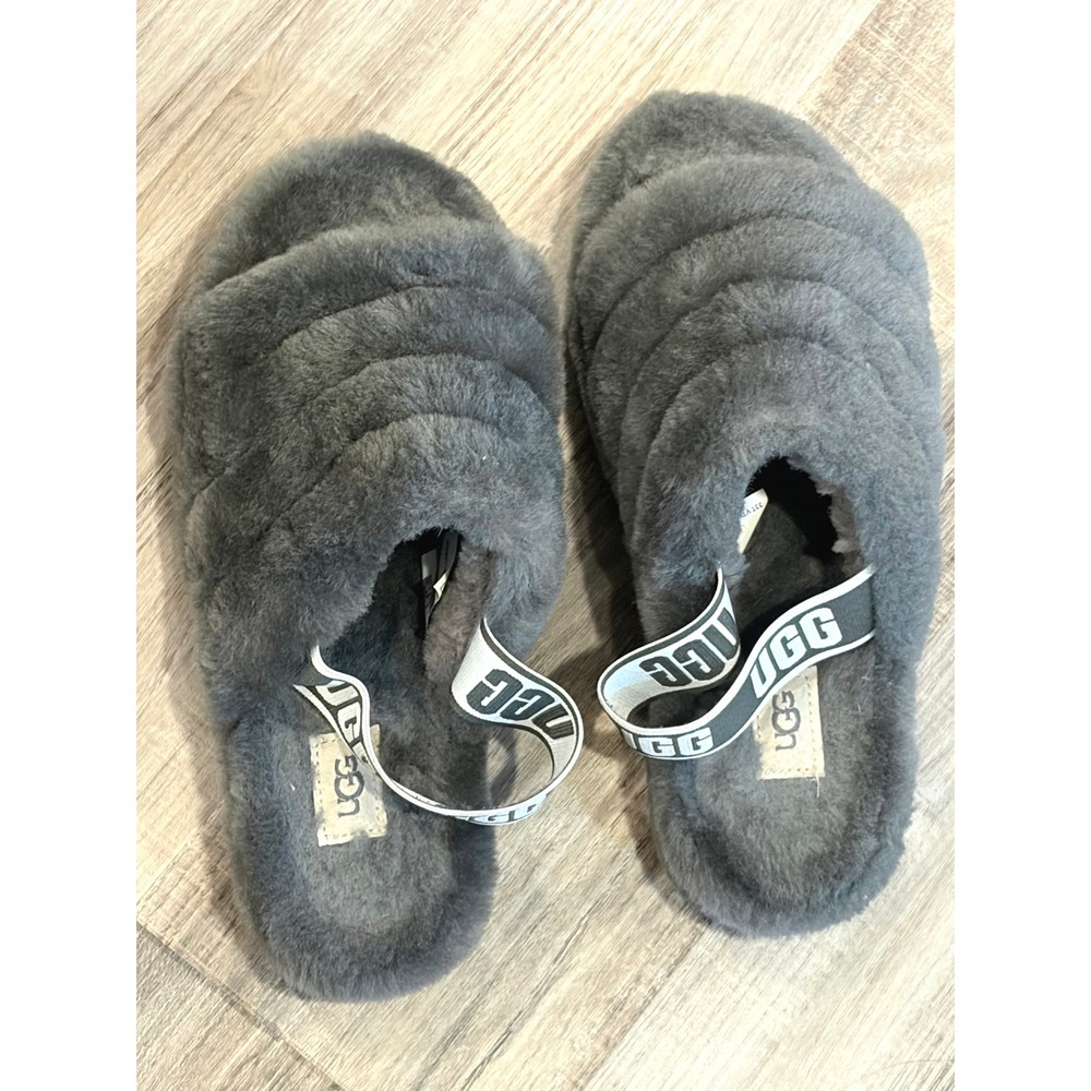 UGG Fluff Yeah Shearling Platform Slingback Slides Cozy Charcoal Grey Streetwear